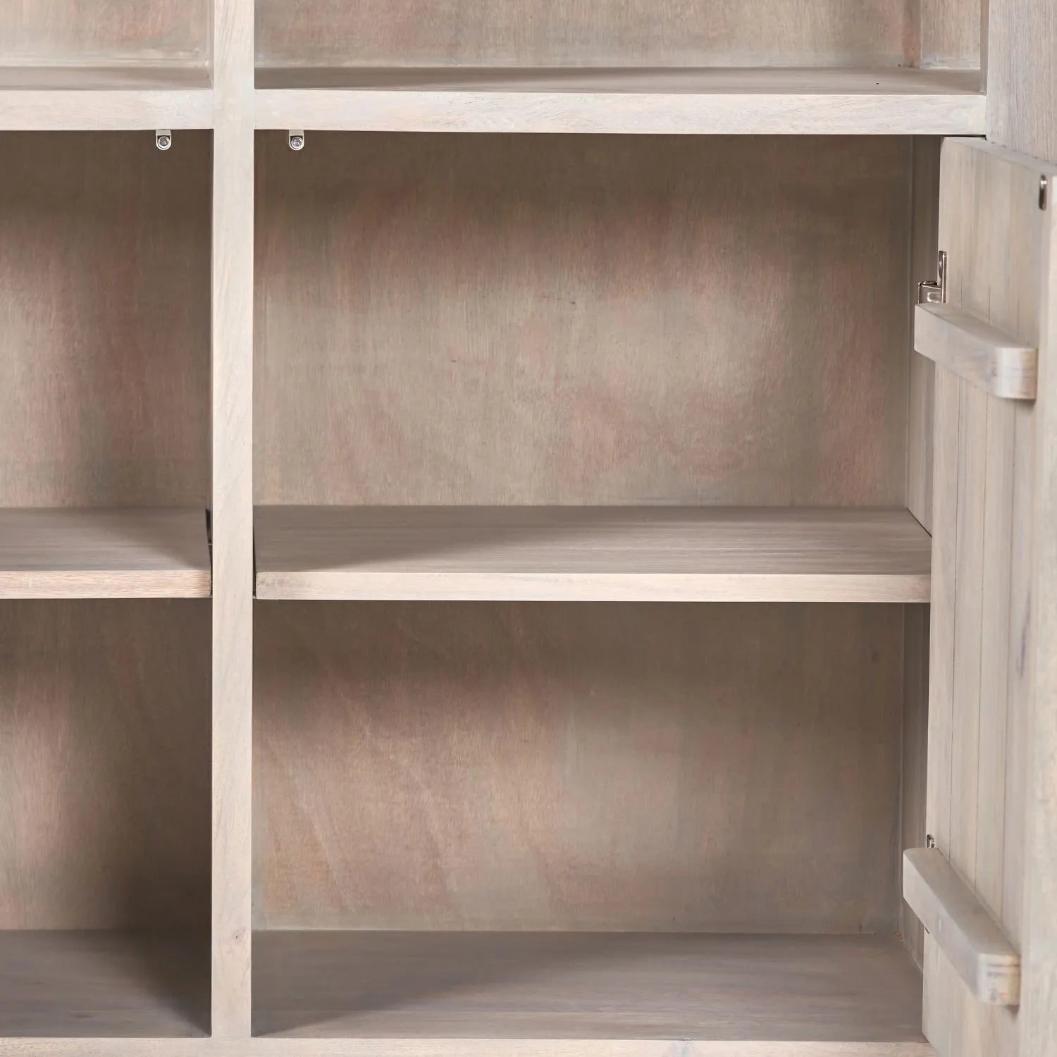 Modern Scandi Light Grey Wash Mango Wood Shelving & Storage Unit – Handleless 2 Door Carved Textured Niche Display Cabinet with Open Shelves, Scandinavian Mango Wood Storage Furniture for Living Rooms, Dining Rooms & Hallways 166x105x40cm | Click Style