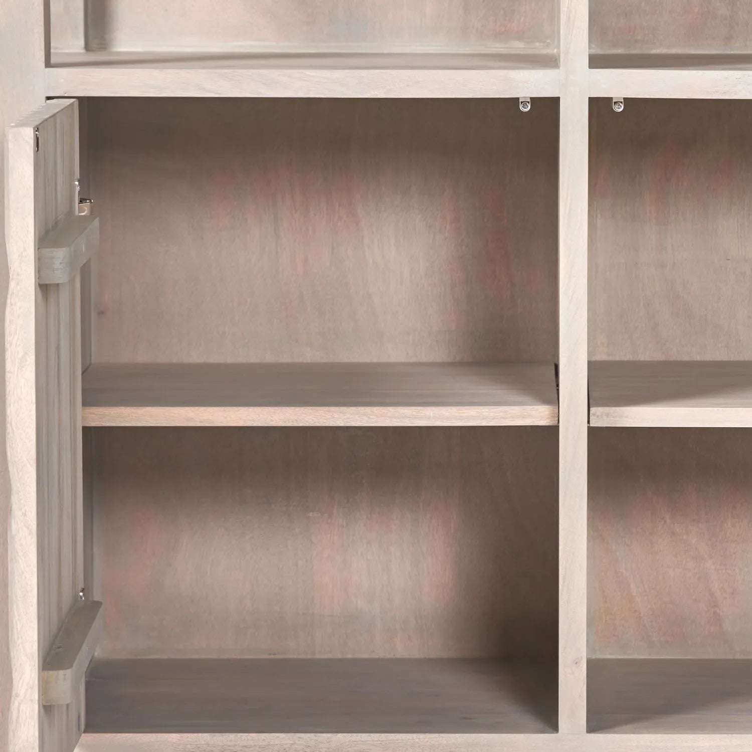 Modern Scandi Light Grey Wash Mango Wood Shelving & Storage Unit – Handleless 2 Door Carved Textured Niche Display Cabinet with Open Shelves, Scandinavian Mango Wood Storage Furniture for Living Rooms, Dining Rooms & Hallways 166x105x40cm | Click Style