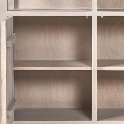 Modern Scandi Light Grey Wash Mango Wood Shelving & Storage Unit – Handleless 2 Door Carved Textured Niche Display Cabinet with Open Shelves, Scandinavian Mango Wood Storage Furniture for Living Rooms, Dining Rooms & Hallways 166x105x40cm | Click Style