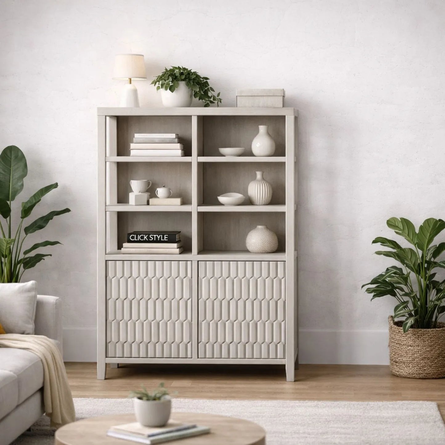 Modern Scandi Light Grey Wash Mango Wood Shelving & Storage Unit – Handleless 2 Door Carved Textured Niche Display Cabinet with Open Shelves, Scandinavian Mango Wood Storage Furniture for Living Rooms, Dining Rooms & Hallways 166x105x40cm | Click Style