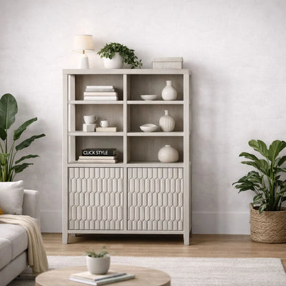 Modern Scandi Light Grey Wash Mango Wood Shelving & Storage Unit – Handleless 2 Door Carved Textured Niche Display Cabinet with Open Shelves, Scandinavian Mango Wood Storage Furniture for Living Rooms, Dining Rooms & Hallways 166x105x40cm | Click Style