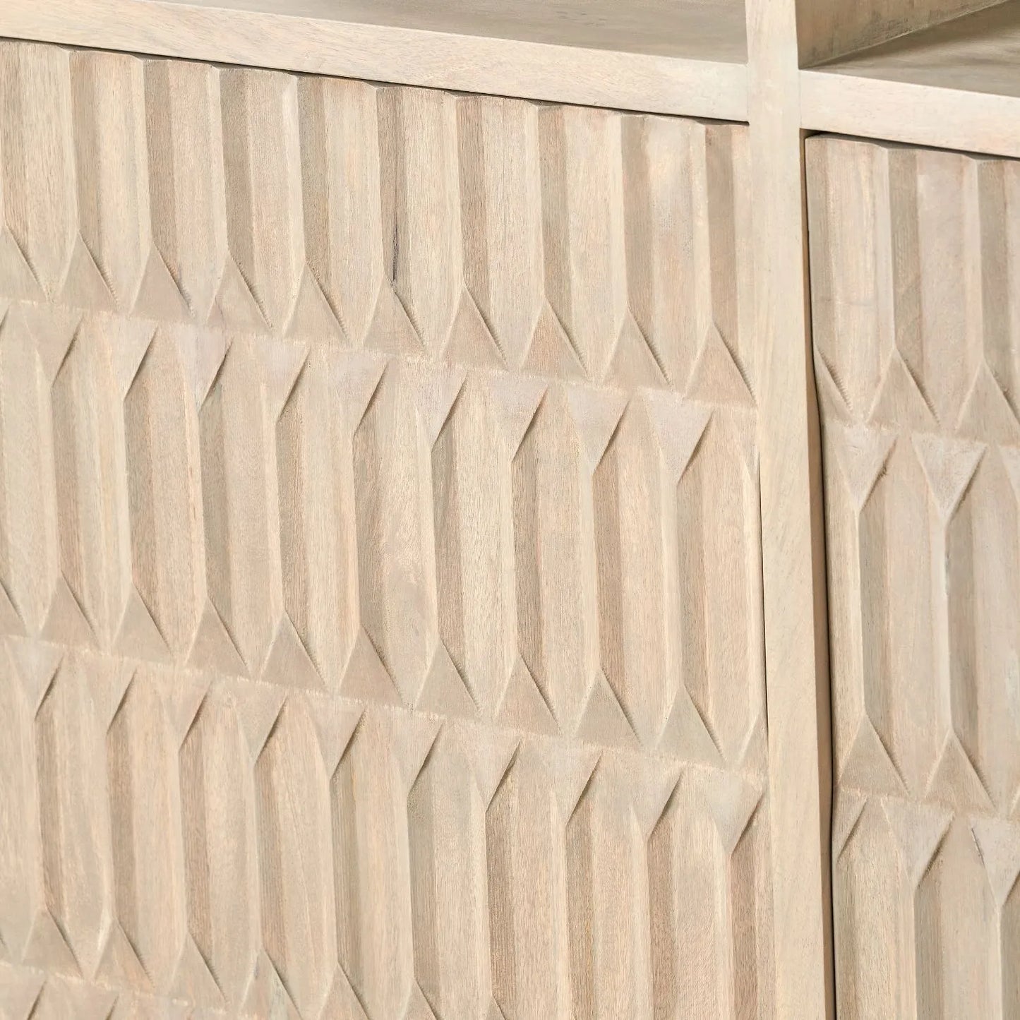 Modern Scandi Light Grey Wash Mango Wood Shelving & Storage Unit – Handleless 2 Door Carved Textured Niche Display Cabinet with Open Shelves, Scandinavian Mango Wood Storage Furniture for Living Rooms, Dining Rooms & Hallways 166x105x40cm | Click Style