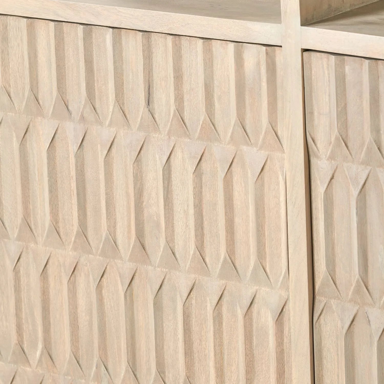 Modern Scandi Light Grey Wash Mango Wood Shelving & Storage Unit – Handleless 2 Door Carved Textured Niche Display Cabinet with Open Shelves, Scandinavian Mango Wood Storage Furniture for Living Rooms, Dining Rooms & Hallways 166x105x40cm | Click Style