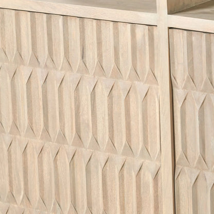 Modern Scandi Light Grey Wash Mango Wood Shelving & Storage Unit – Handleless 2 Door Carved Textured Niche Display Cabinet with Open Shelves, Scandinavian Mango Wood Storage Furniture for Living Rooms, Dining Rooms & Hallways 166x105x40cm | Click Style