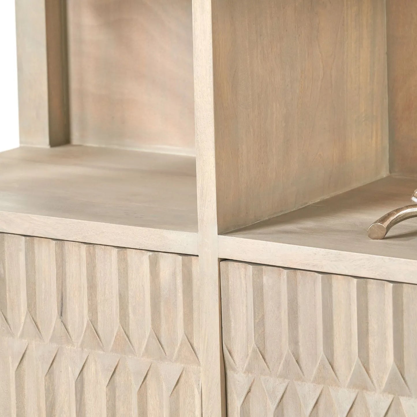 Modern Scandi Light Grey Wash Mango Wood Shelving & Storage Unit – Handleless 2 Door Carved Textured Niche Display Cabinet with Open Shelves, Scandinavian Mango Wood Storage Furniture for Living Rooms, Dining Rooms & Hallways 166x105x40cm | Click Style