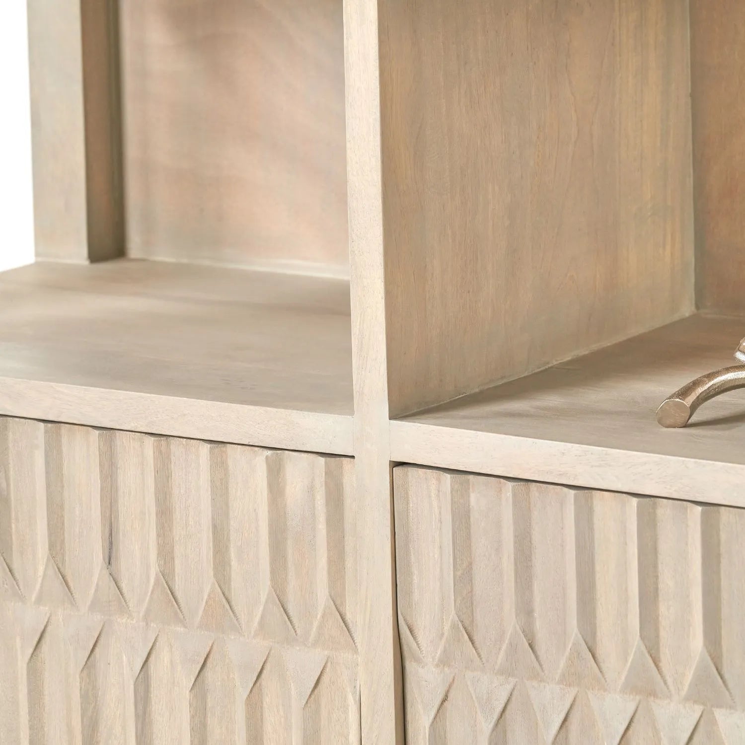 Modern Scandi Light Grey Wash Mango Wood Shelving & Storage Unit – Handleless 2 Door Carved Textured Niche Display Cabinet with Open Shelves, Scandinavian Mango Wood Storage Furniture for Living Rooms, Dining Rooms & Hallways 166x105x40cm | Click Style