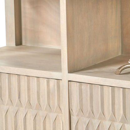 Modern Scandi Light Grey Wash Mango Wood Shelving & Storage Unit – Handleless 2 Door Carved Textured Niche Display Cabinet with Open Shelves, Scandinavian Mango Wood Storage Furniture for Living Rooms, Dining Rooms & Hallways 166x105x40cm | Click Style