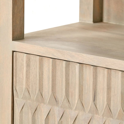 Modern Scandi Light Grey Wash Mango Wood Shelving & Storage Unit – Handleless 2 Door Carved Textured Niche Display Cabinet with Open Shelves, Scandinavian Mango Wood Storage Furniture for Living Rooms, Dining Rooms & Hallways 166x105x40cm | Click Style