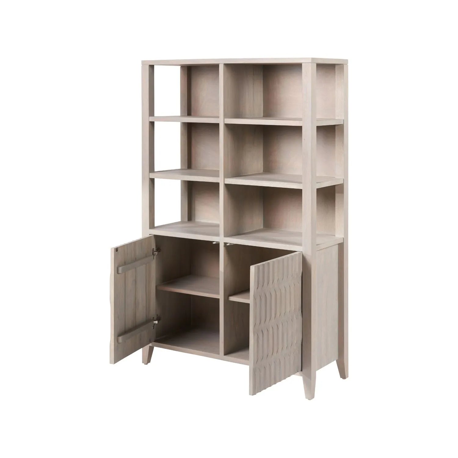 Modern Scandi Light Grey Wash Mango Wood Shelving & Storage Unit – Handleless 2 Door Carved Textured Niche Display Cabinet with Open Shelves, Scandinavian Mango Wood Storage Furniture for Living Rooms, Dining Rooms & Hallways 166x105x40cm | Click Style