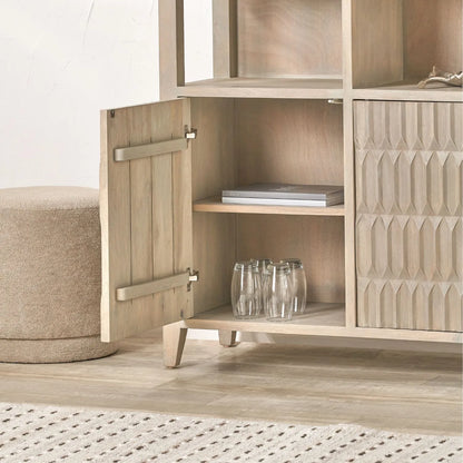 Modern Scandi Light Grey Wash Mango Wood Shelving & Storage Unit – Handleless 2 Door Carved Textured Niche Display Cabinet with Open Shelves, Scandinavian Mango Wood Storage Furniture for Living Rooms, Dining Rooms & Hallways 166x105x40cm | Click Style