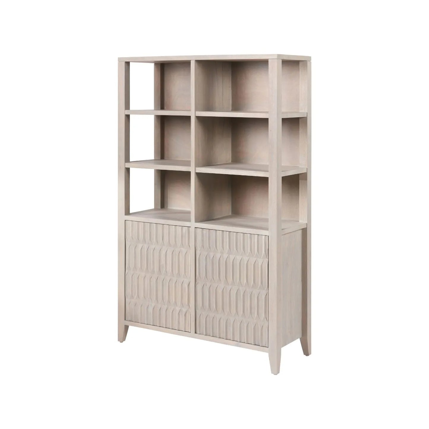 Modern Scandi Light Grey Wash Mango Wood Shelving & Storage Unit – Handleless 2 Door Carved Textured Niche Display Cabinet with Open Shelves, Scandinavian Mango Wood Storage Furniture for Living Rooms, Dining Rooms & Hallways 166x105x40cm | Click Style