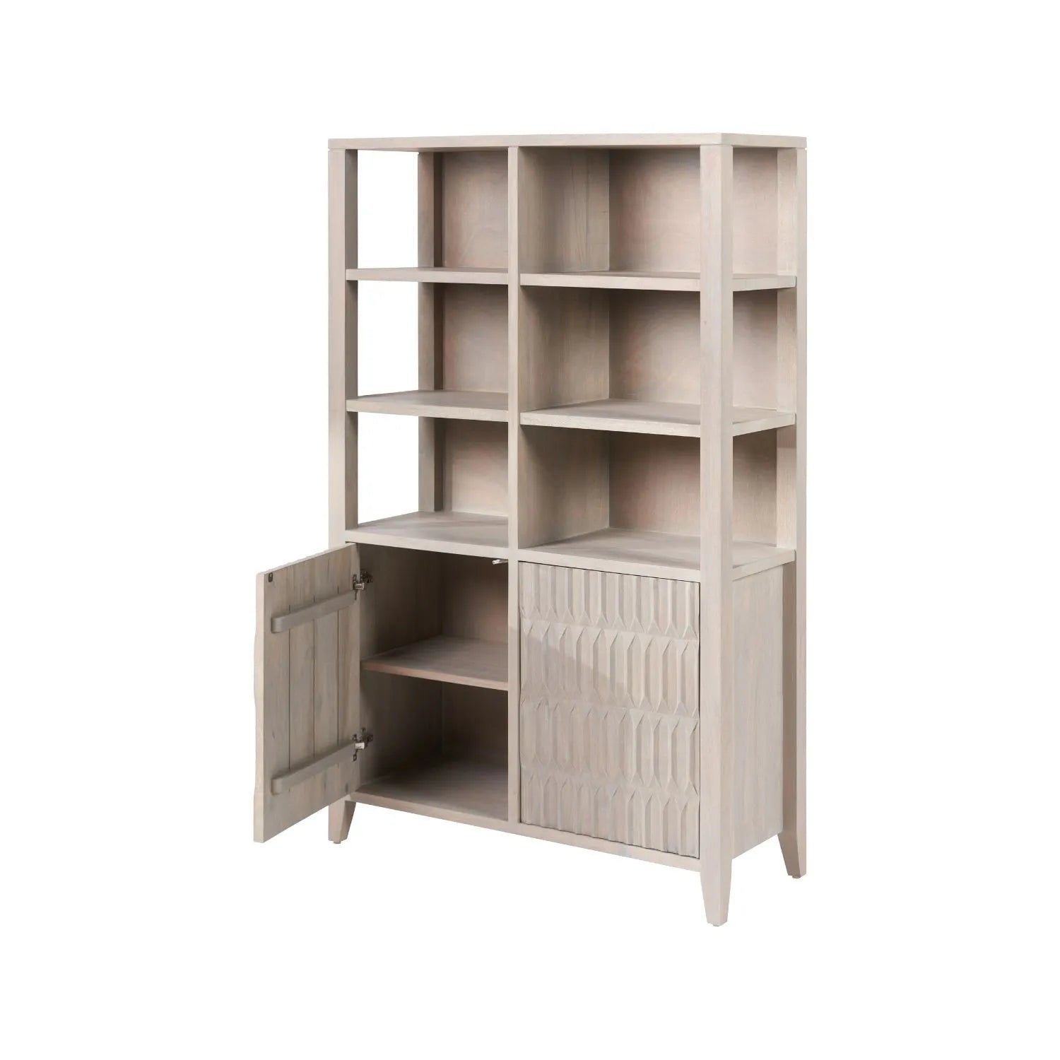 Modern Scandi Light Grey Wash Mango Wood Shelving & Storage Unit – Handleless 2 Door Carved Textured Niche Display Cabinet with Open Shelves, Scandinavian Mango Wood Storage Furniture for Living Rooms, Dining Rooms & Hallways 166x105x40cm | Click Style