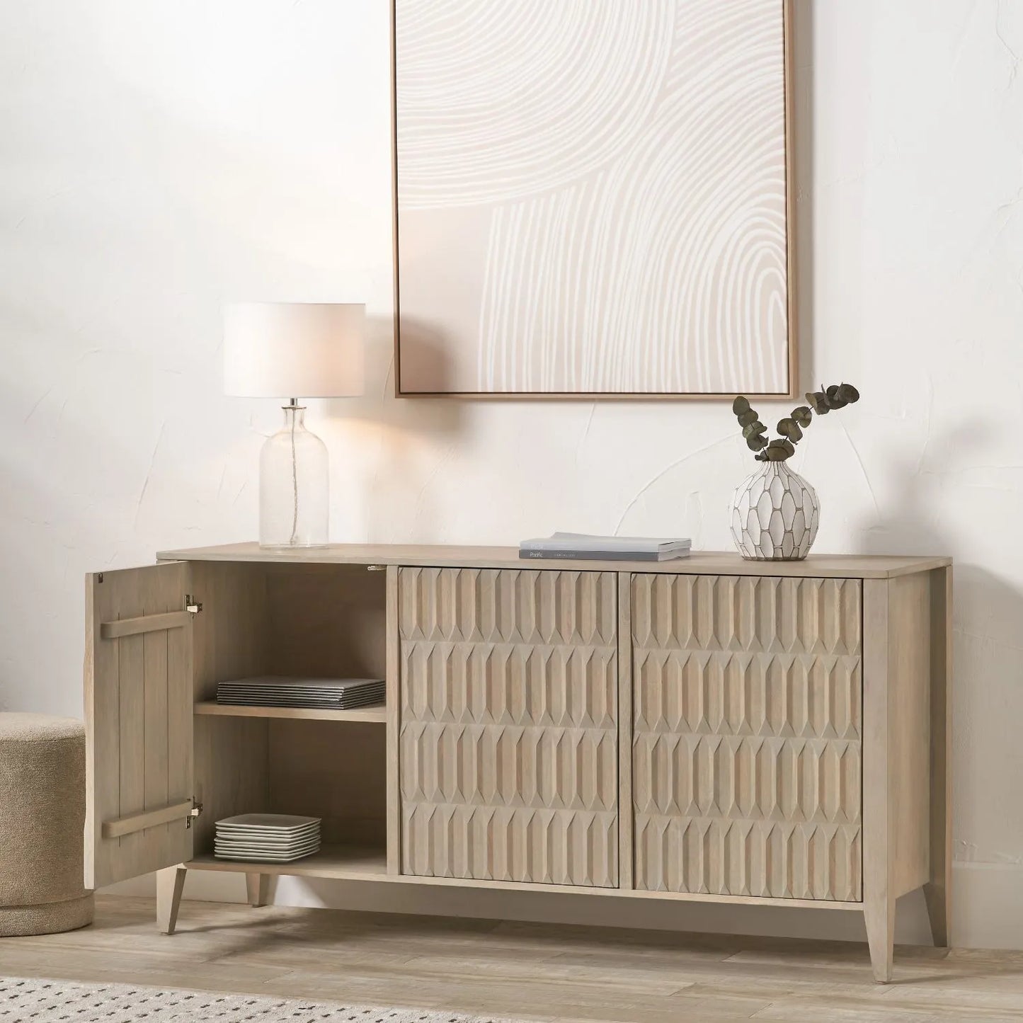 Modern Scandi Light Grey Wash Mango Wood Sideboard with Handleless 3 Door Carved Textured Doors and Internal Shelves – Wooden Storage Cabinet 80x160x45cm | Click Style