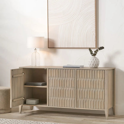 Modern Scandi Light Grey Wash Mango Wood Sideboard with Handleless 3 Door Carved Textured Doors and Internal Shelves – Wooden Storage Cabinet 80x160x45cm | Click Style