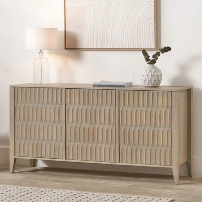 Modern Scandi Light Grey Wash Mango Wood Sideboard with Handleless 3 Door Carved Textured Doors and Internal Shelves – Wooden Storage Cabinet 80x160x45cm | Click Style