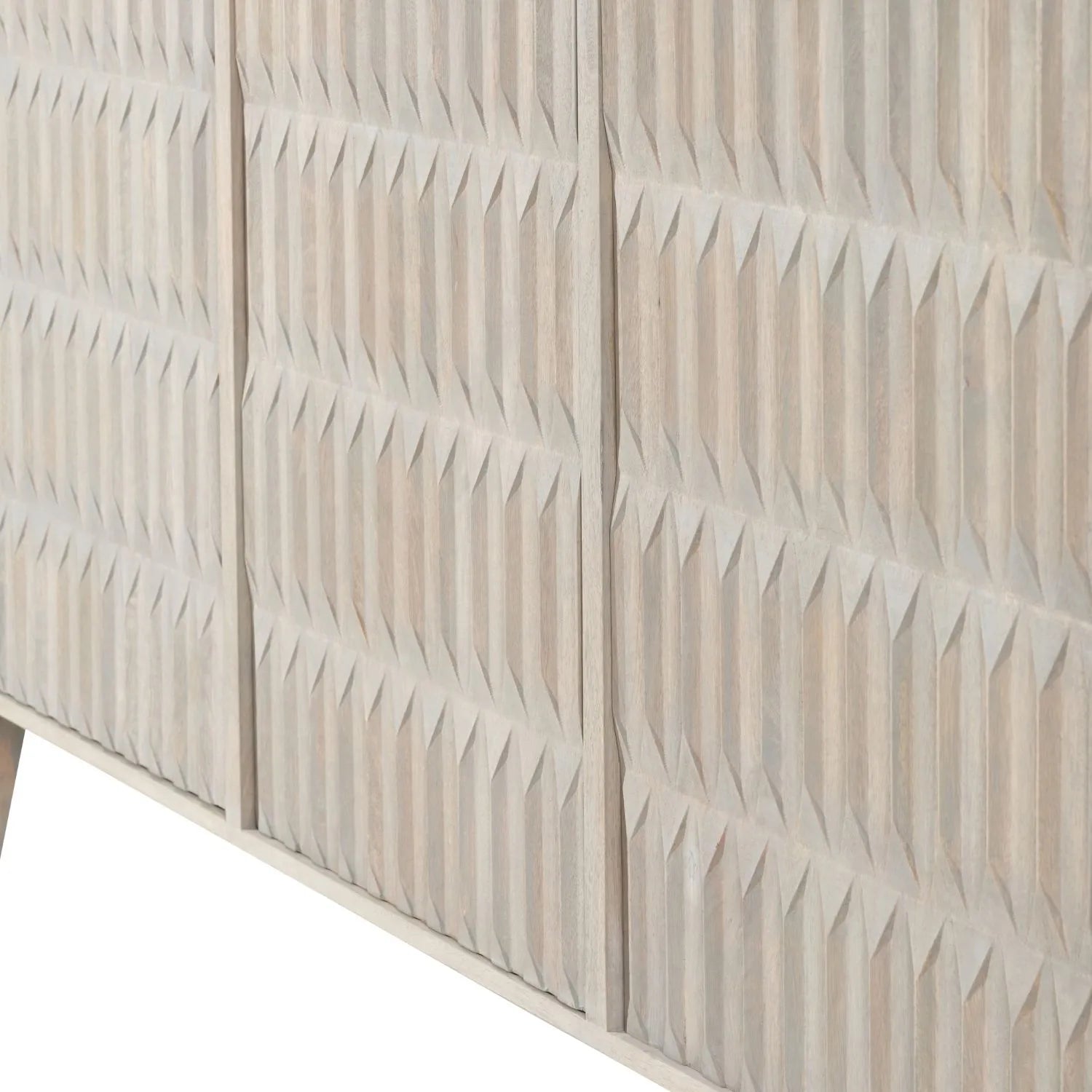 Modern Scandi Light Grey Wash Mango Wood Sideboard with Handleless 3 Door Carved Textured Doors and Internal Shelves – Wooden Storage Cabinet 80x160x45cm | Click Style