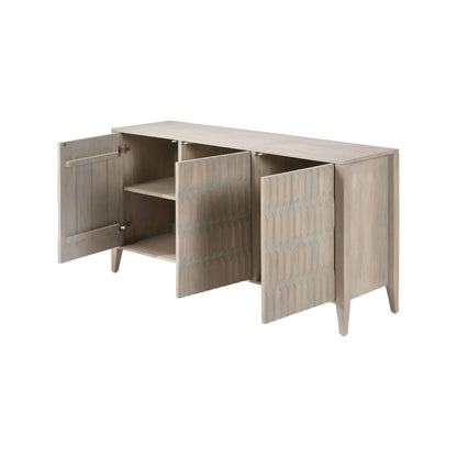 Modern Scandi Light Grey Wash Mango Wood Sideboard with Handleless 3 Door Carved Textured Doors and Internal Shelves – Wooden Storage Cabinet 80x160x45cm | Click Style