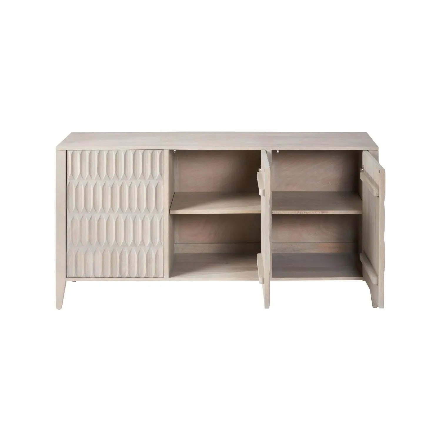 Modern Scandi Light Grey Wash Mango Wood Sideboard with Handleless 3 Door Carved Textured Doors and Internal Shelves – Wooden Storage Cabinet 80x160x45cm | Click Style