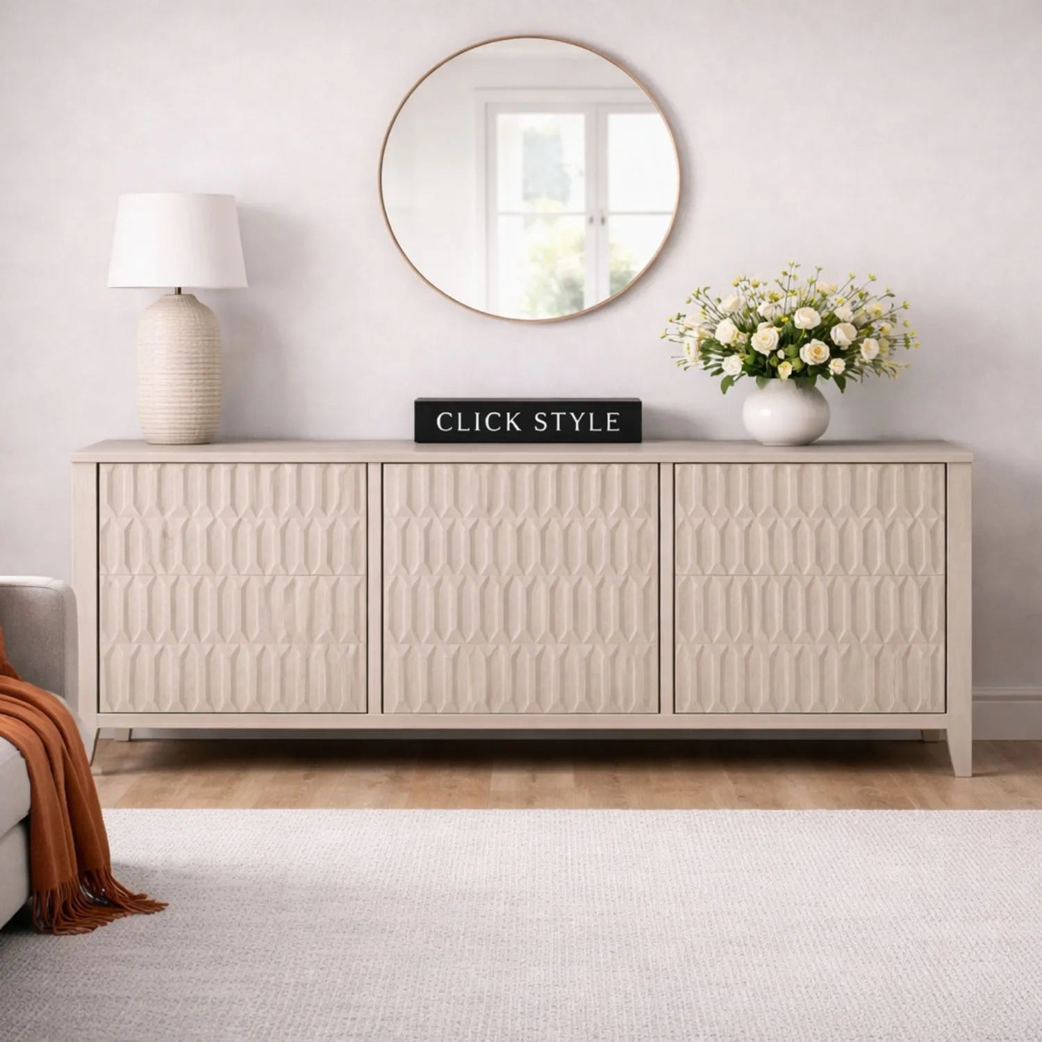 Modern Scandi Light Grey Wash Mango Wood Sideboard with Handleless 3 Door Carved Textured Doors and Internal Shelves – Wooden Storage Cabinet 80x160x45cm | Click Style