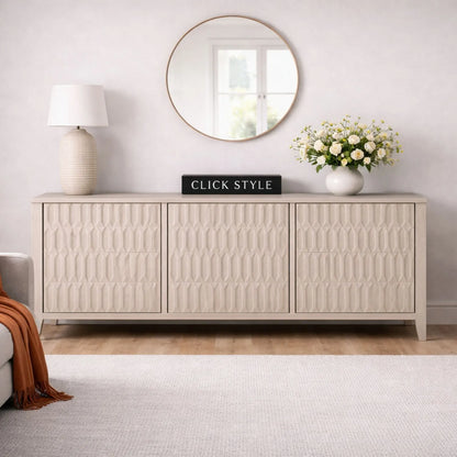 Modern Scandi Light Grey Wash Mango Wood Sideboard with Handleless 3 Door Carved Textured Doors and Internal Shelves – Wooden Storage Cabinet 80x160x45cm | Click Style