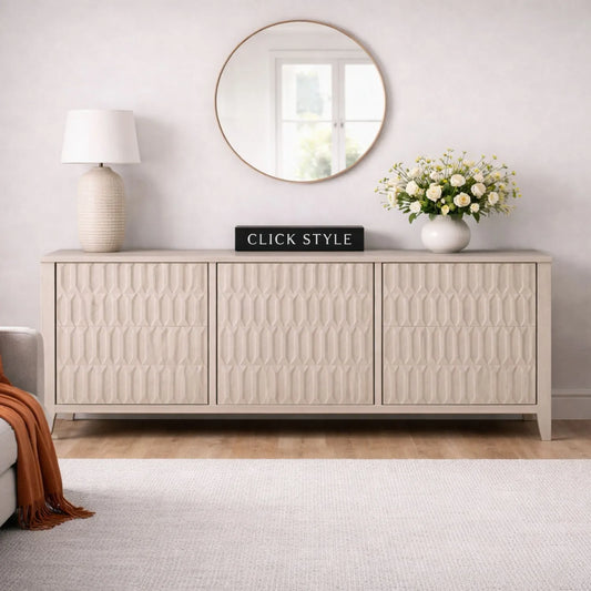 Modern Scandi Light Grey Wash Mango Wood Sideboard with Handleless 3 Door Carved Textured Doors and Internal Shelves – Wooden Storage Cabinet 80x160x45cm | Click Style