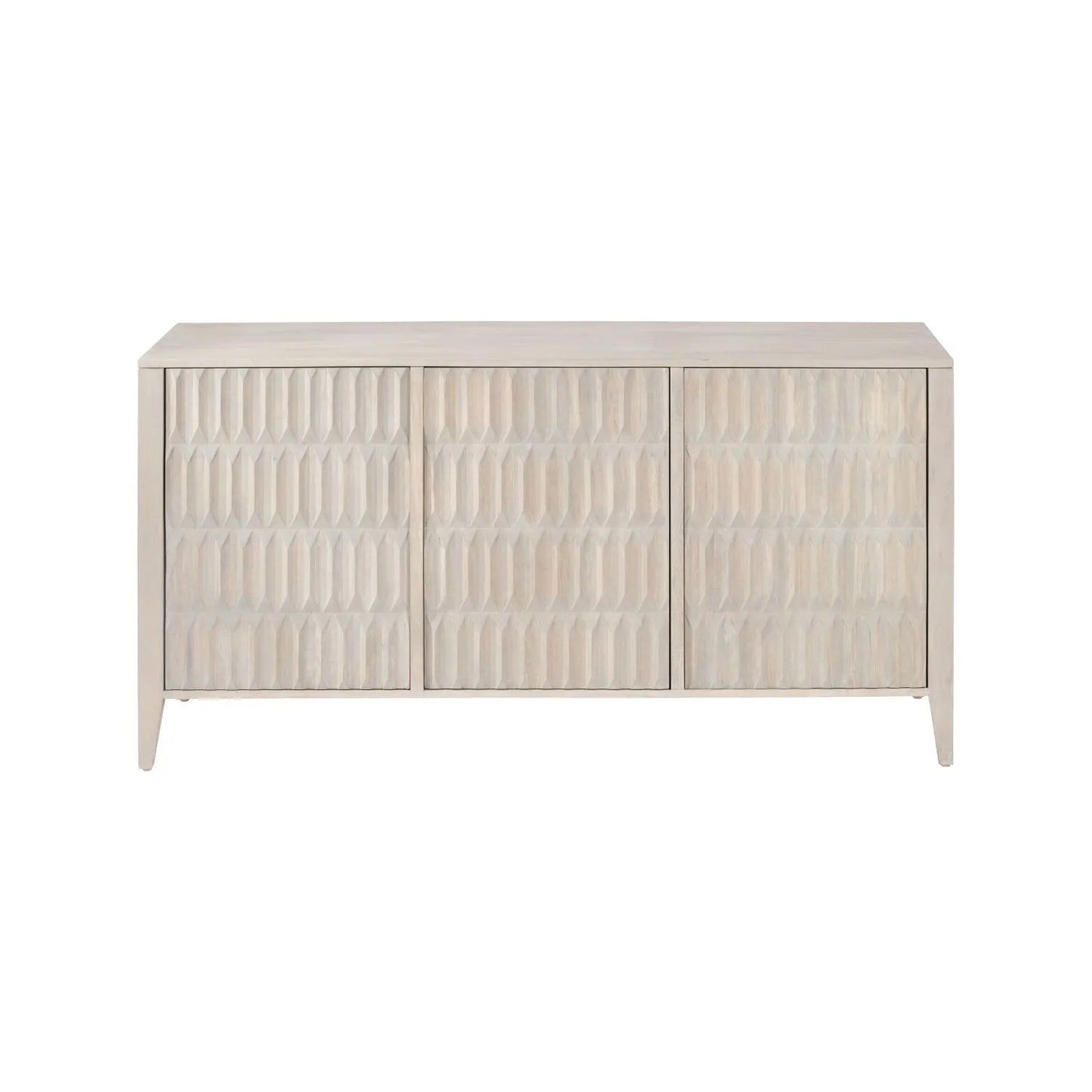 Modern Scandi Light Grey Wash Mango Wood Sideboard with Handleless 3 Door Carved Textured Doors and Internal Shelves – Wooden Storage Cabinet 80x160x45cm | Click Style