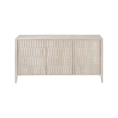 Modern Scandi Light Grey Wash Mango Wood Sideboard with Handleless 3 Door Carved Textured Doors and Internal Shelves – Wooden Storage Cabinet 80x160x45cm | Click Style