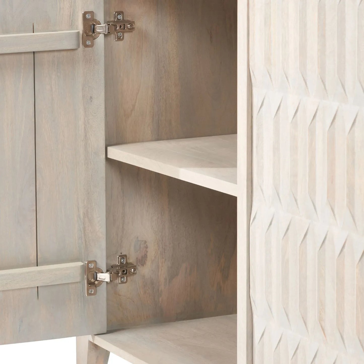 Modern Scandi Light Grey Wash Mango Wood Sideboard with Handleless 3 Door Carved Textured Doors and Internal Shelves – Wooden Storage Cabinet 80x160x45cm | Click Style