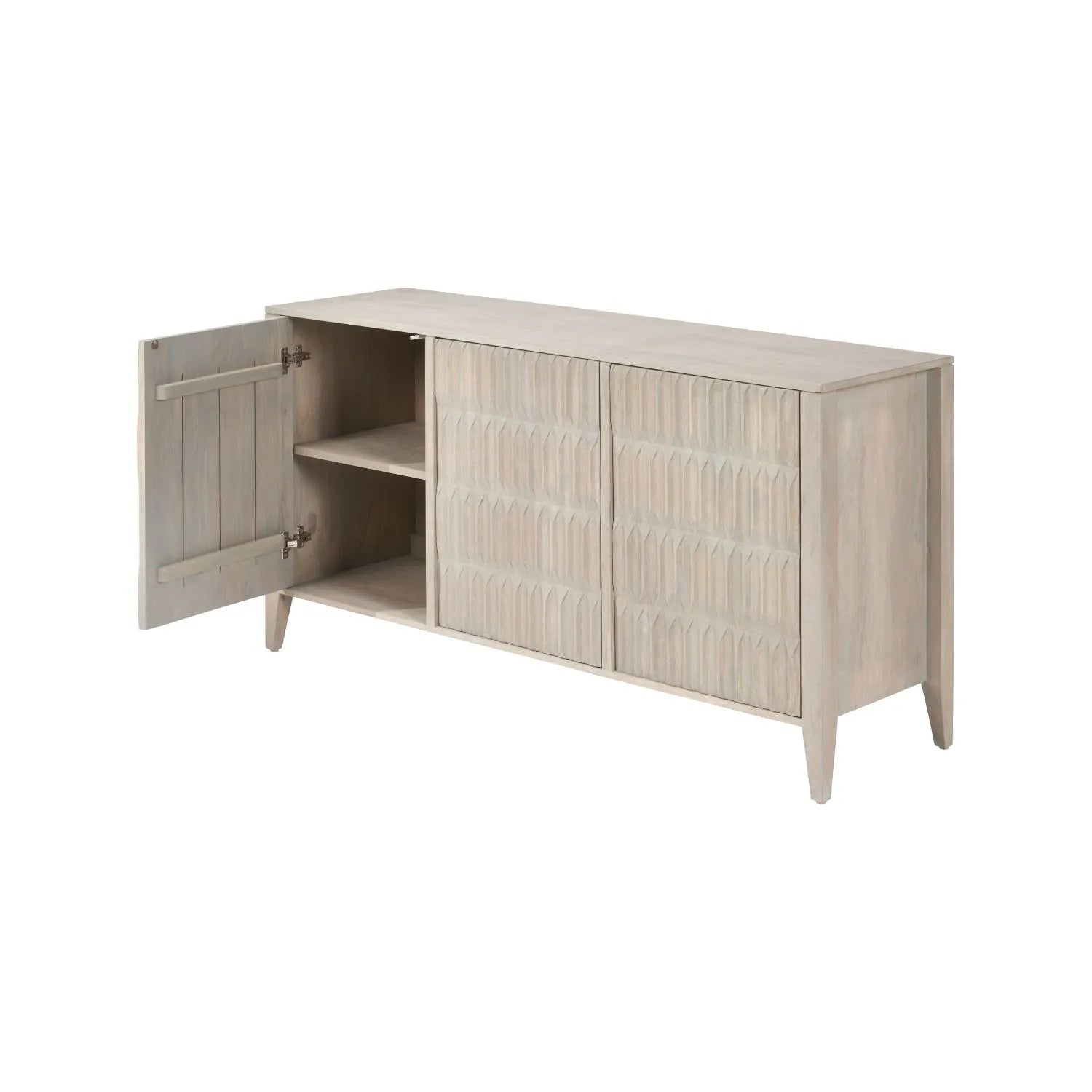 Modern Scandi Light Grey Wash Mango Wood Sideboard with Handleless 3 Door Carved Textured Doors and Internal Shelves – Wooden Storage Cabinet 80x160x45cm | Click Style
