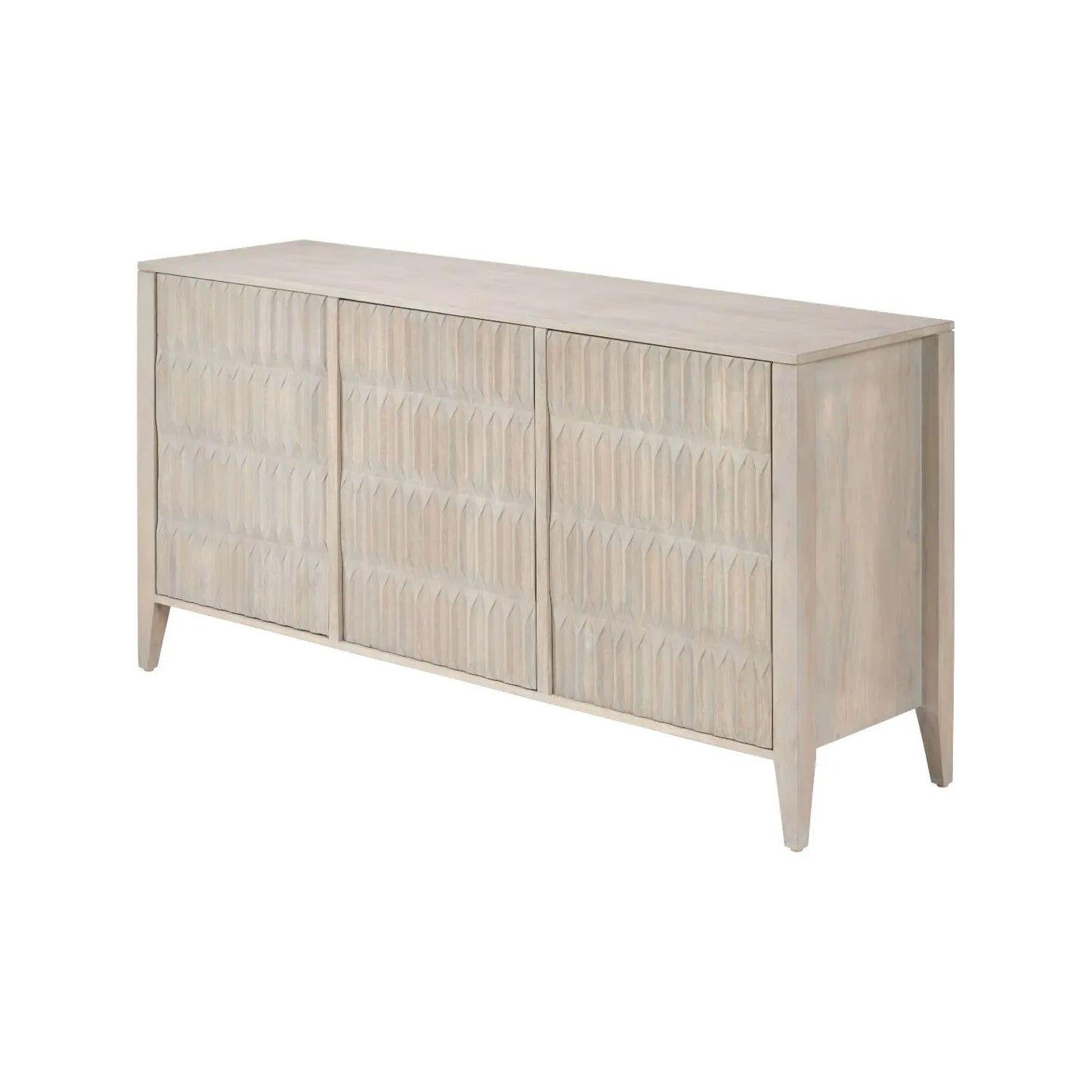 Modern Scandi Light Grey Wash Mango Wood Sideboard with Handleless 3 Door Carved Textured Doors and Internal Shelves – Wooden Storage Cabinet 80x160x45cm | Click Style