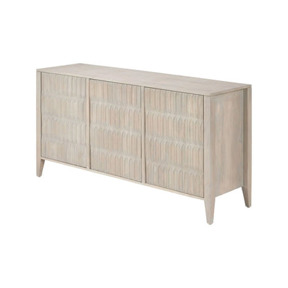 Modern Scandi Light Grey Wash Mango Wood Sideboard with Handleless 3 Door Carved Textured Doors and Internal Shelves – Wooden Storage Cabinet 80x160x45cm | Click Style