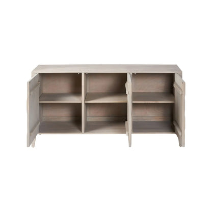 Modern Scandi Light Grey Wash Mango Wood Sideboard with Handleless 3 Door Carved Textured Doors and Internal Shelves – Wooden Storage Cabinet 80x160x45cm | Click Style
