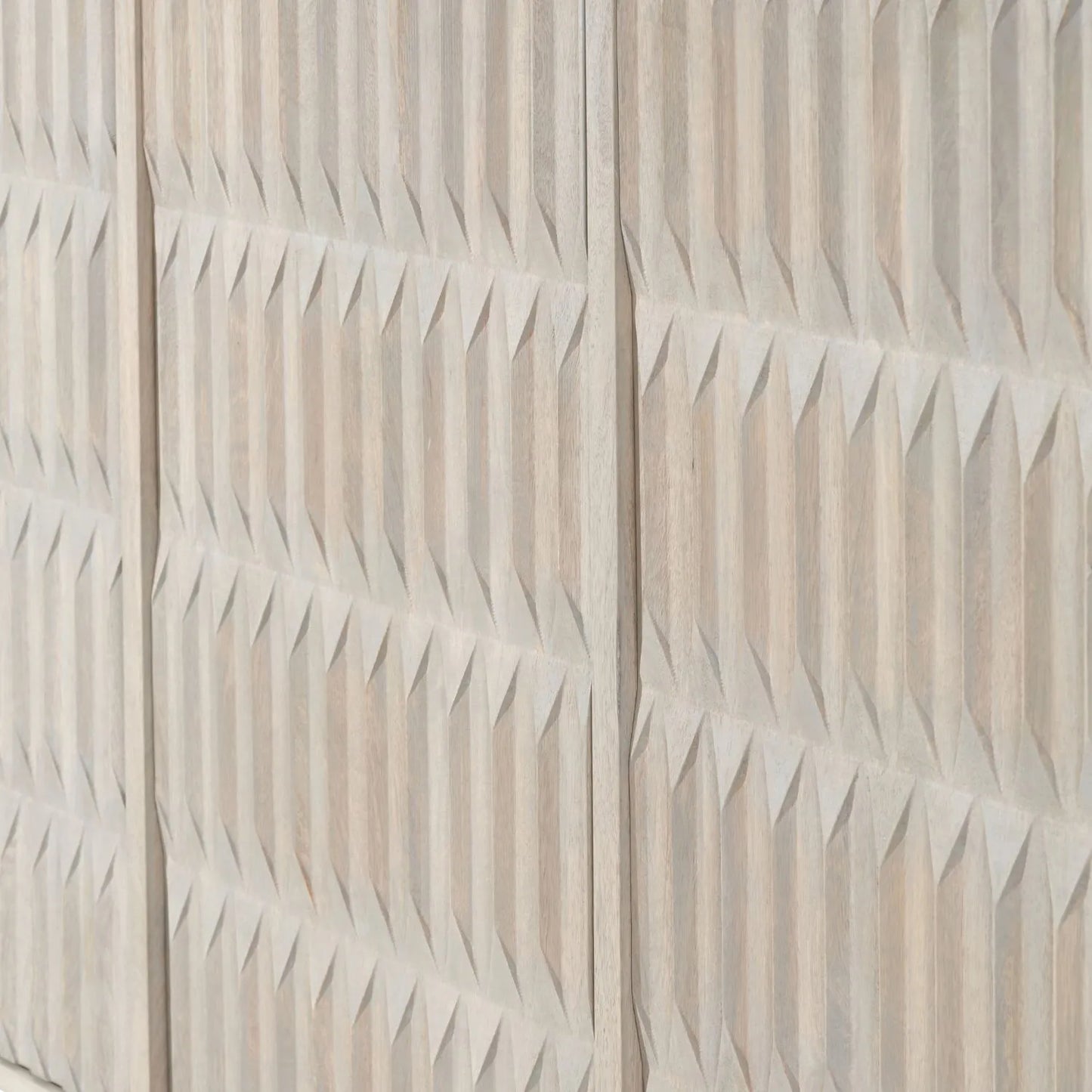 Modern Scandi Light Grey Wash Mango Wood Sideboard with Handleless 3 Door Carved Textured Doors and Internal Shelves – Wooden Storage Cabinet 80x160x45cm | Click Style