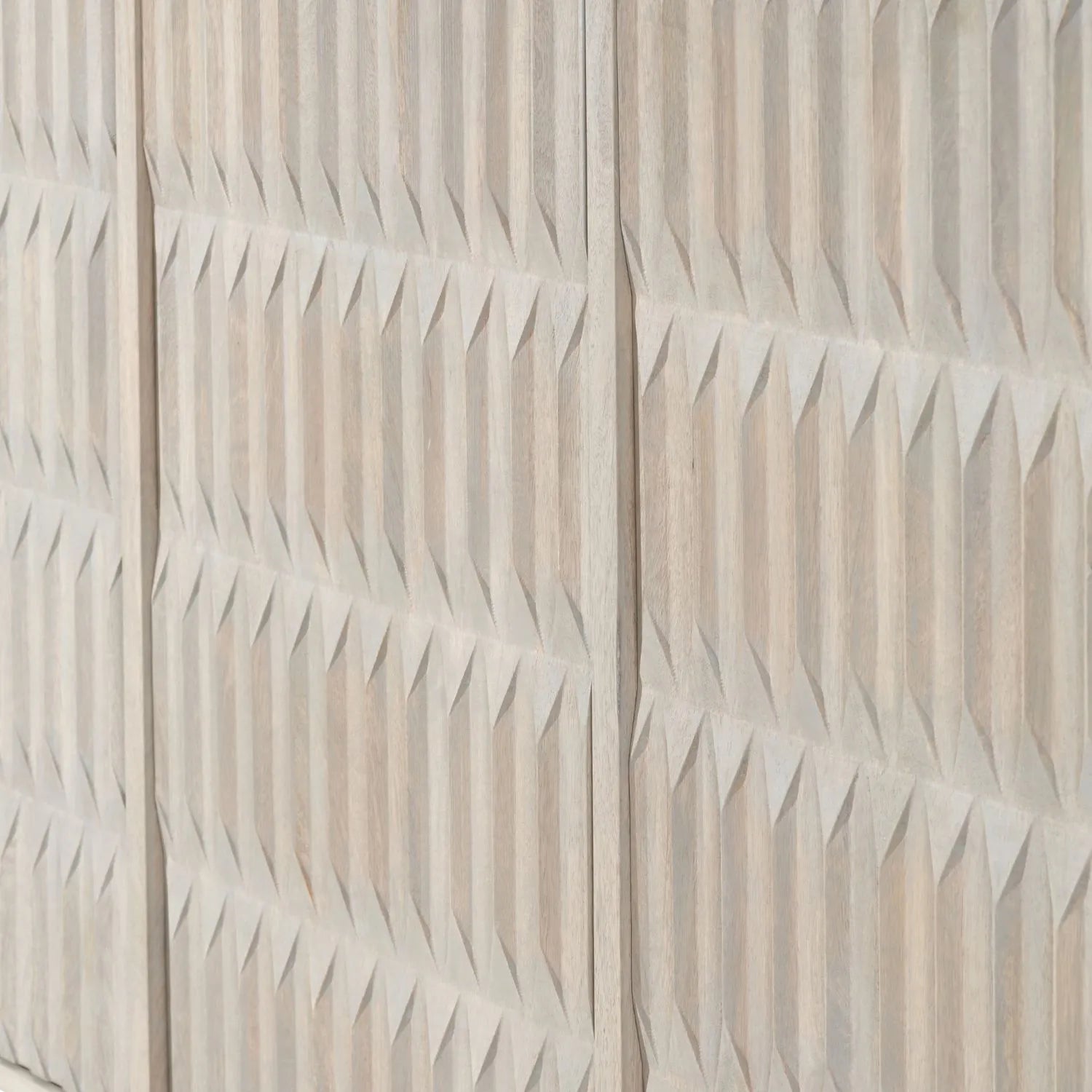 Modern Scandi Light Grey Wash Mango Wood Sideboard with Handleless 3 Door Carved Textured Doors and Internal Shelves – Wooden Storage Cabinet 80x160x45cm | Click Style