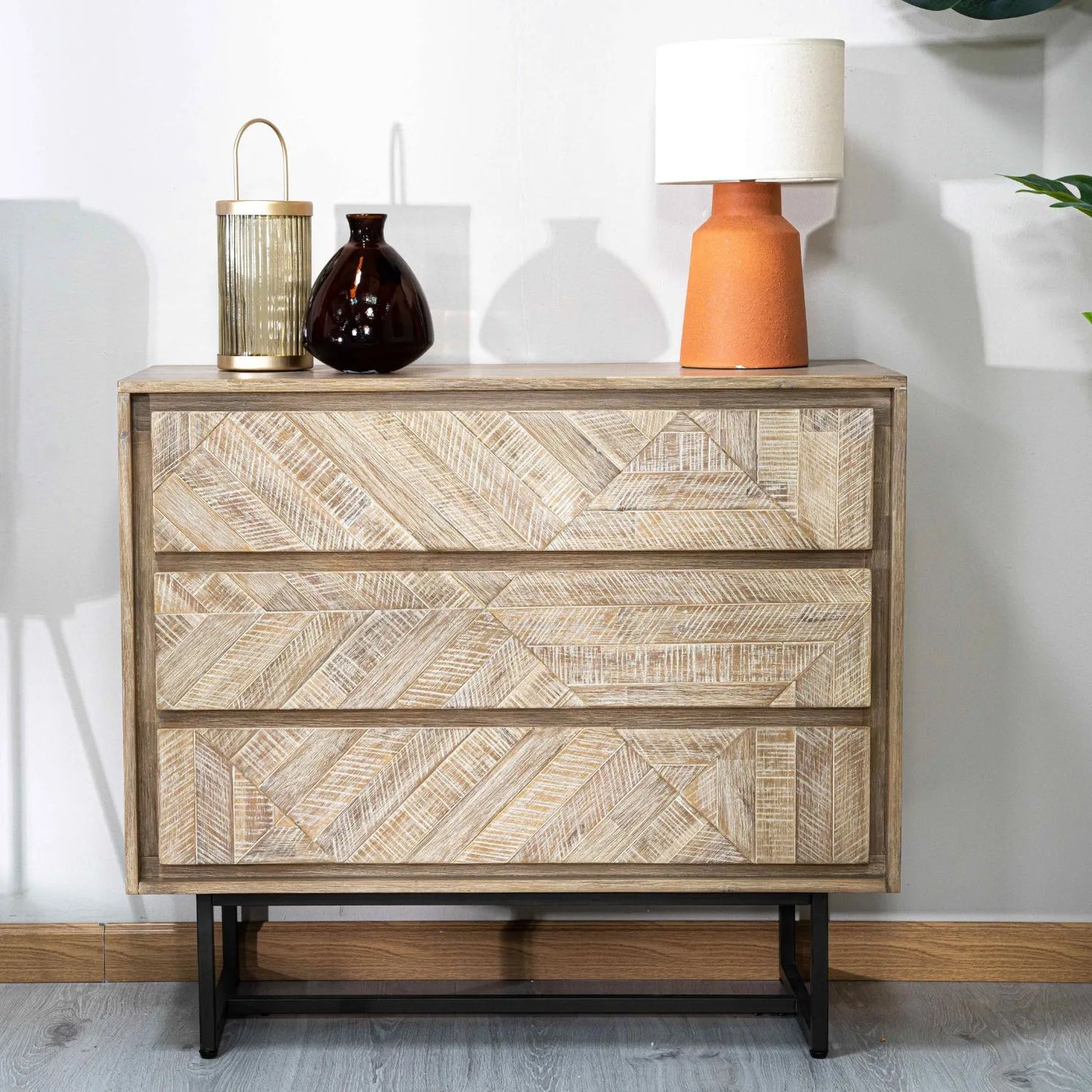 Modern Scandi Sand-Wash Acacia Wood 3-Drawer Chest with Black Metal Legs – Textured Wooden Storage Unit 80x90x40cm | Click Style