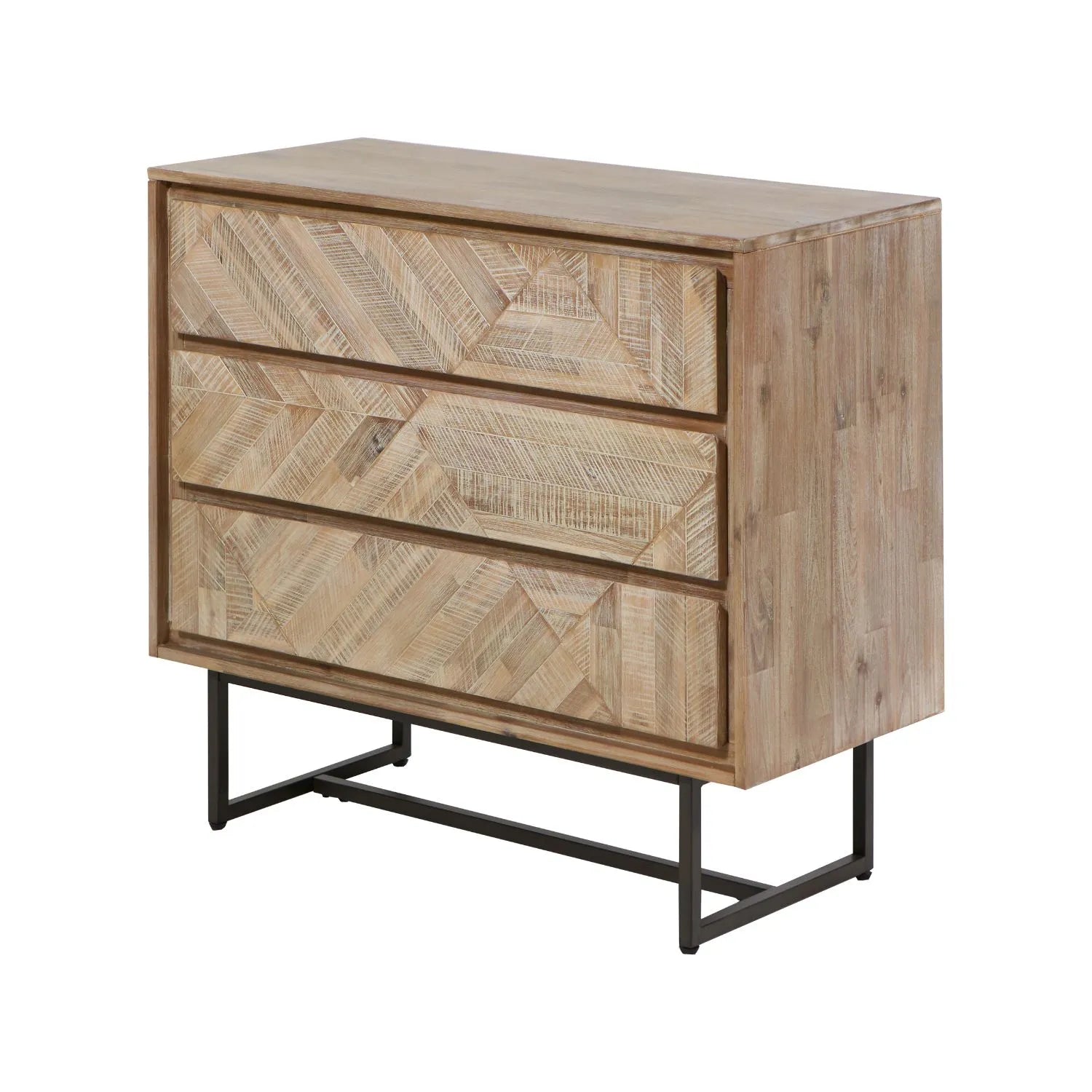 Modern Scandi Sand-Wash Acacia Wood 3-Drawer Chest with Black Metal Legs – Textured Wooden Storage Unit 80x90x40cm | Click Style