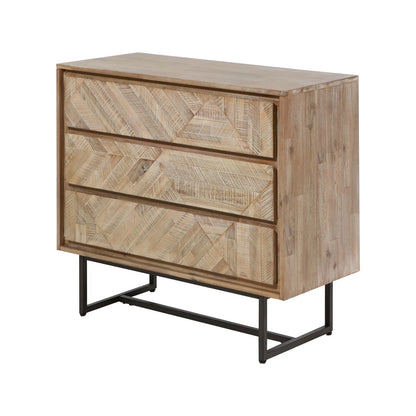 Modern Scandi Sand-Wash Acacia Wood 3-Drawer Chest with Black Metal Legs – Textured Wooden Storage Unit 80x90x40cm | Click Style