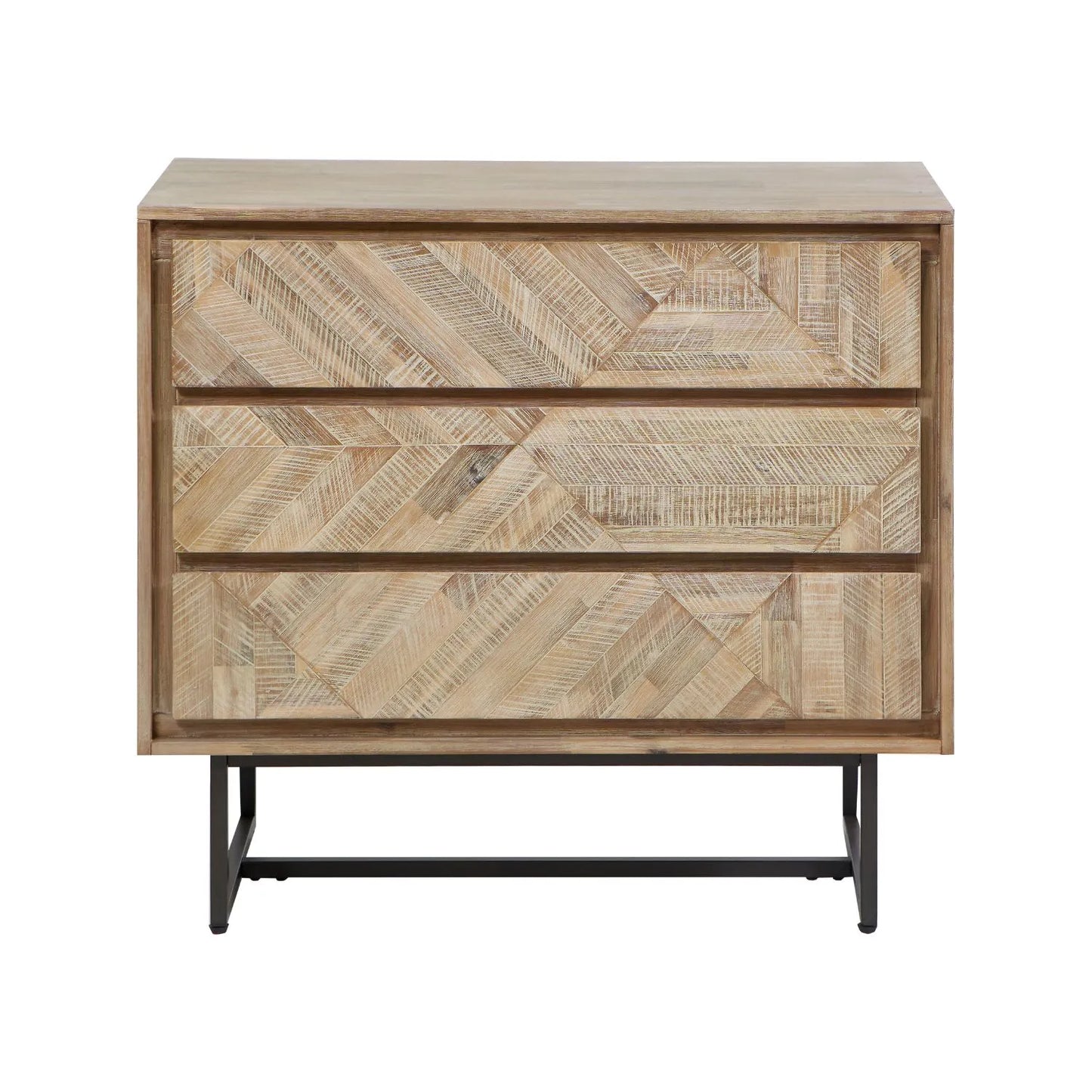 Modern Scandi Sand-Wash Acacia Wood 3-Drawer Chest with Black Metal Legs – Textured Wooden Storage Unit 80x90x40cm | Click Style