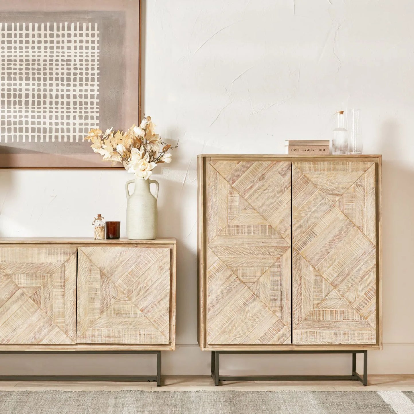 Modern Scandi Sand-Wash Acacia Wood Bar Cabinet With Black Metal Legs – Tall 2-Door Drinks Cabinet With Wine Rack And Internal Shelves 128x100x45cm | Click Style