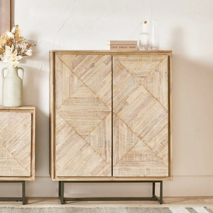 Modern Scandi Sand-Wash Acacia Wood Bar Cabinet With Black Metal Legs – Tall 2-Door Drinks Cabinet With Wine Rack And Internal Shelves 128x100x45cm | Click Style