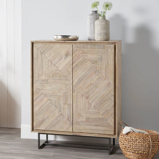 Modern Scandi Sand-Wash Acacia Wood Bar Cabinet With Black Metal Legs – Tall 2-Door Drinks Cabinet With Wine Rack And Internal Shelves 128x100x45cm | Click Style