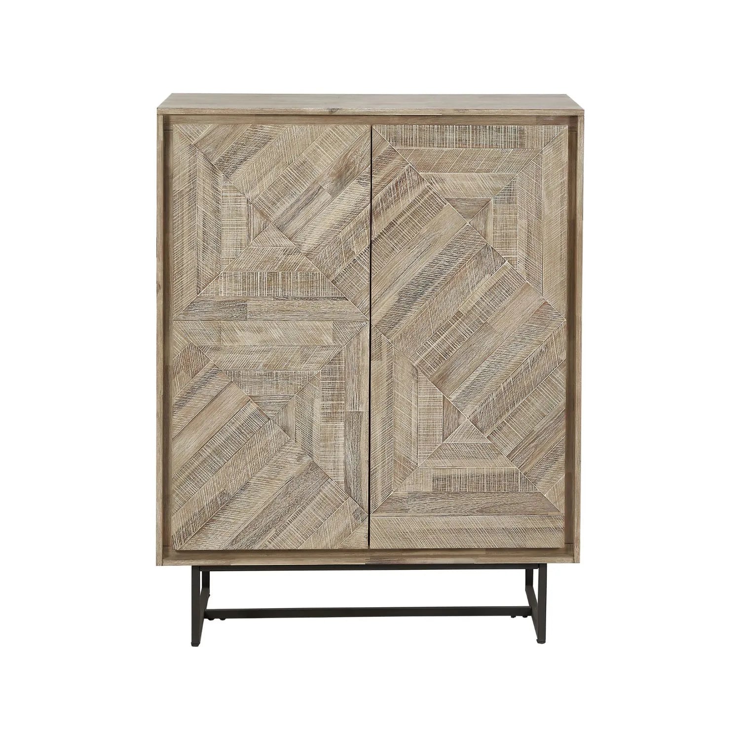 Modern Scandi Sand-Wash Acacia Wood Bar Cabinet With Black Metal Legs – Tall 2-Door Drinks Cabinet With Wine Rack And Internal Shelves 128x100x45cm | Click Style
