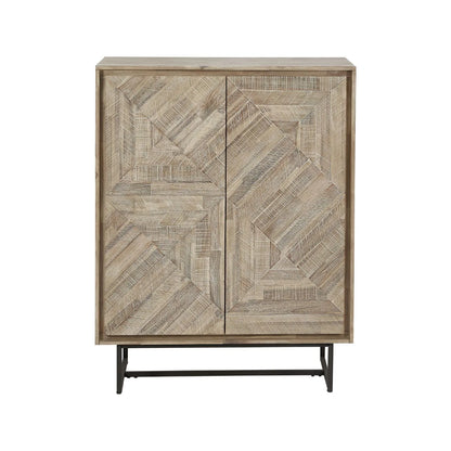 Modern Scandi Sand-Wash Acacia Wood Bar Cabinet With Black Metal Legs – Tall 2-Door Drinks Cabinet With Wine Rack And Internal Shelves 128x100x45cm | Click Style