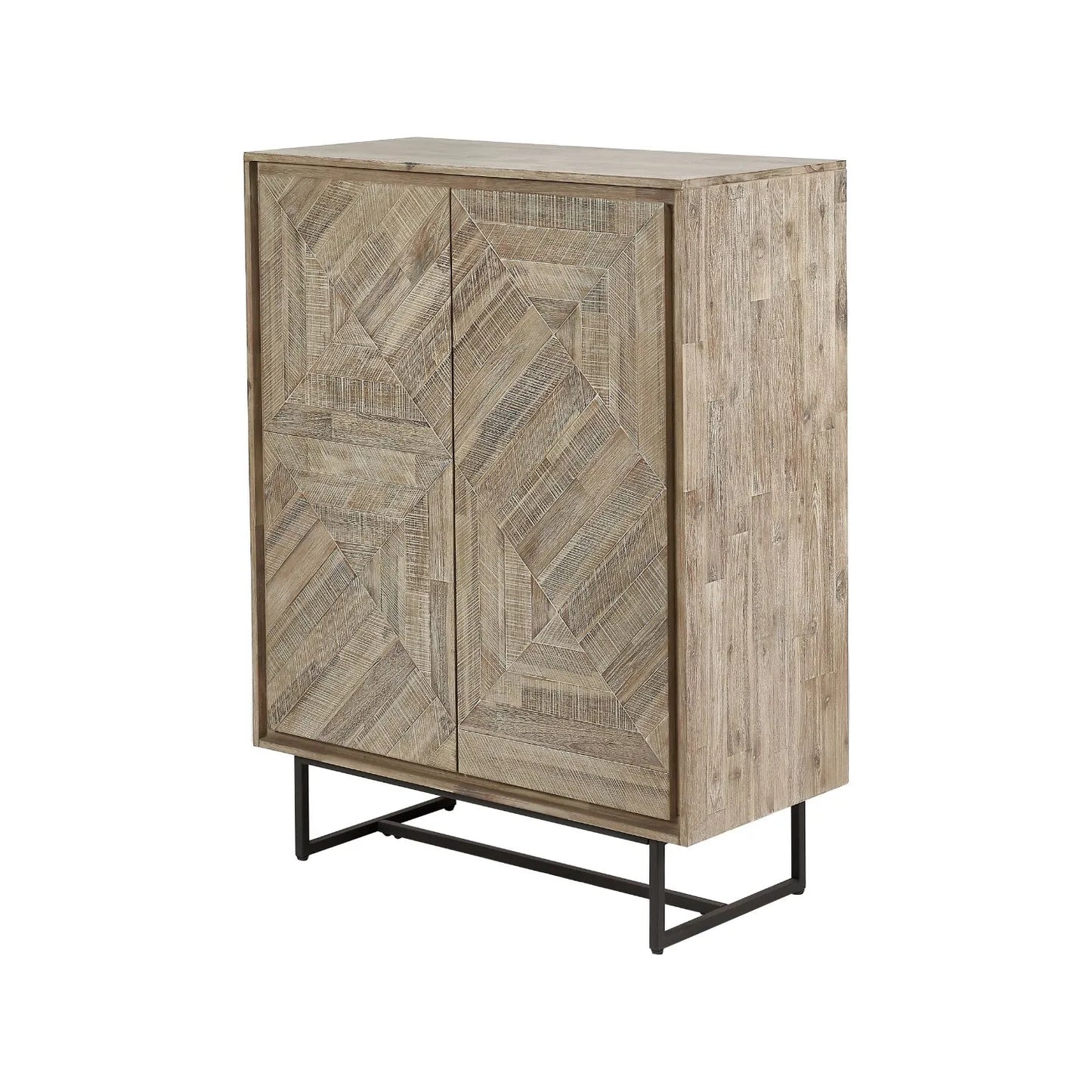 Modern Scandi Sand-Wash Acacia Wood Bar Cabinet With Black Metal Legs – Tall 2-Door Drinks Cabinet With Wine Rack And Internal Shelves 128x100x45cm | Click Style