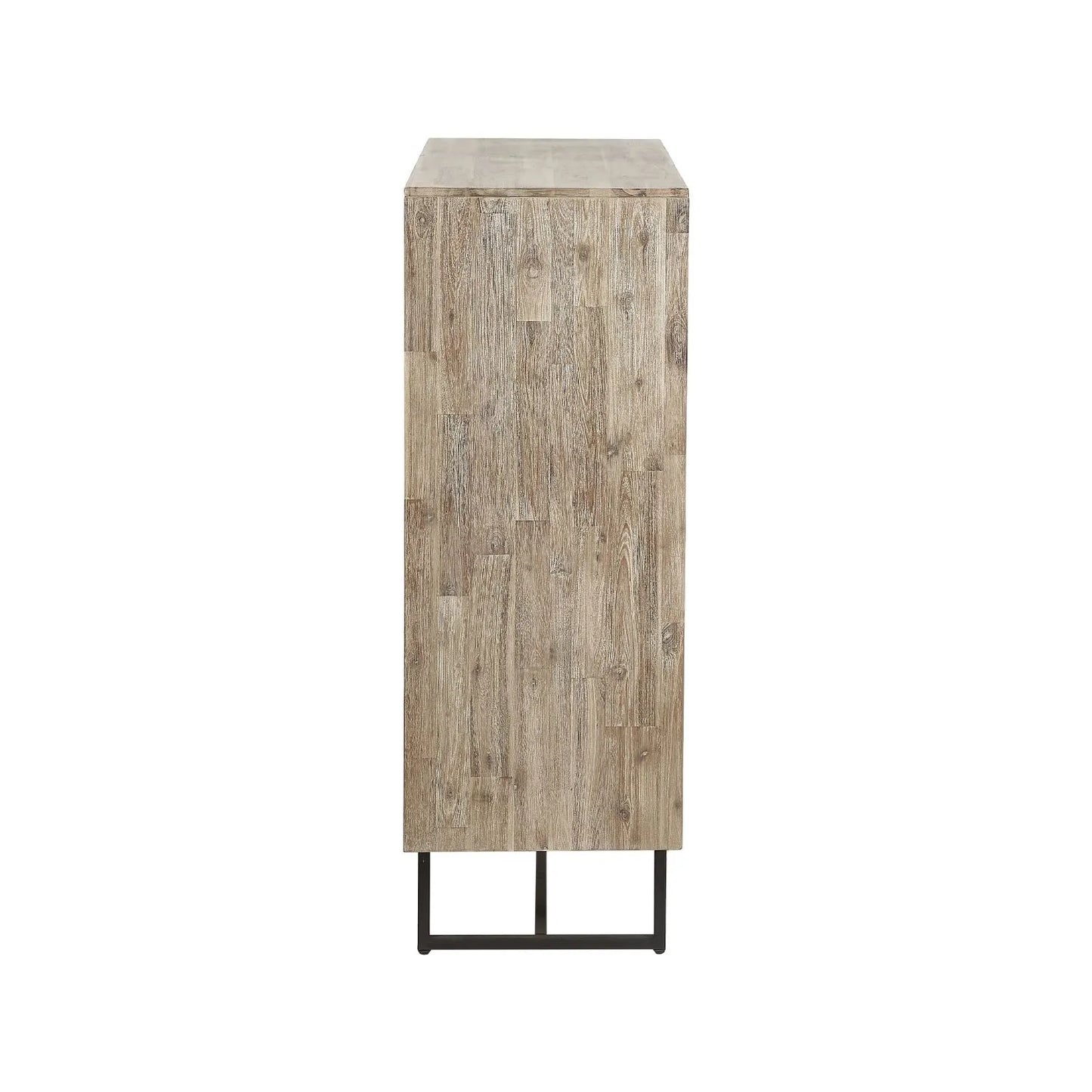 Modern Scandi Sand-Wash Acacia Wood Bar Cabinet With Black Metal Legs – Tall 2-Door Drinks Cabinet With Wine Rack And Internal Shelves 128x100x45cm | Click Style