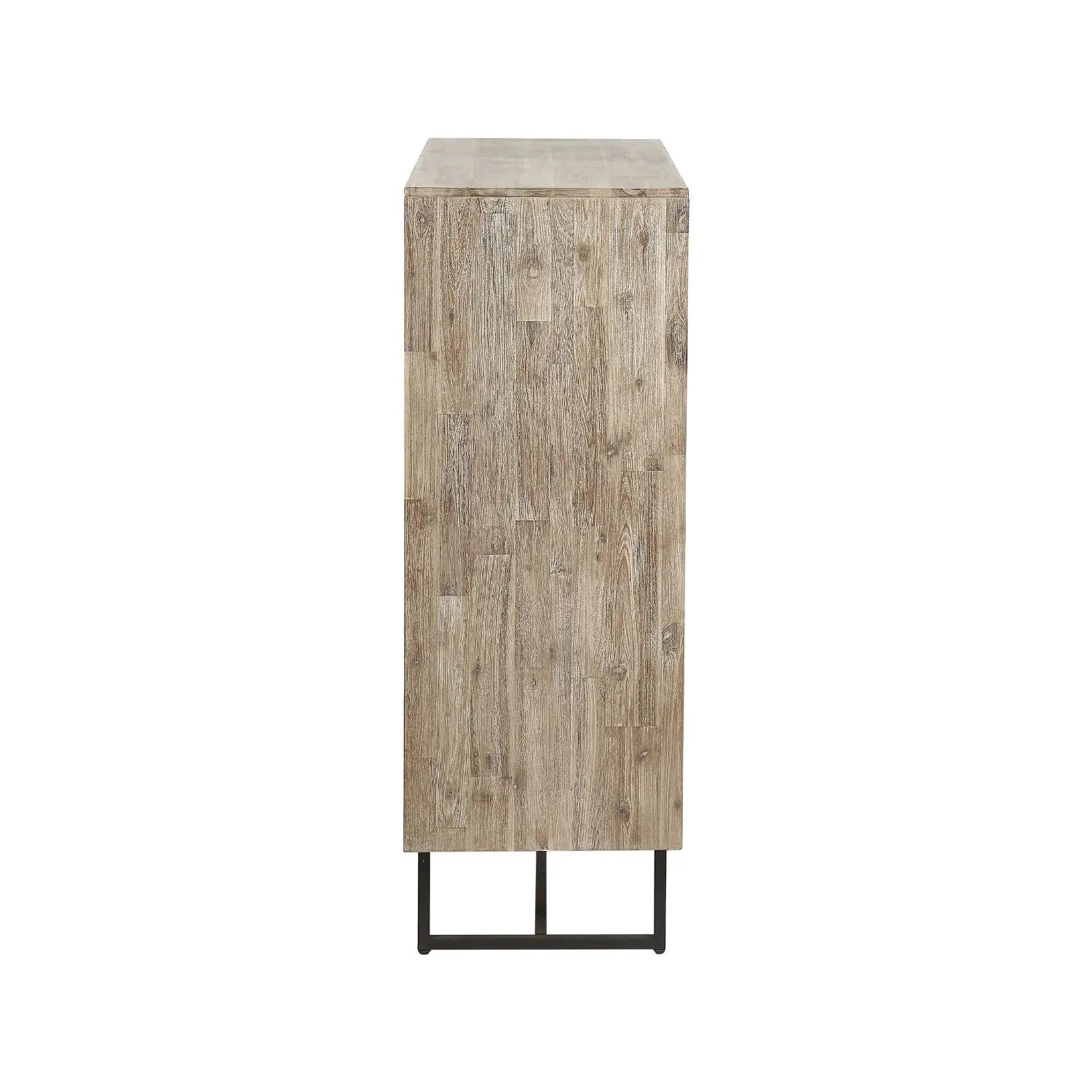 Modern Scandi Sand-Wash Acacia Wood Bar Cabinet With Black Metal Legs – Tall 2-Door Drinks Cabinet With Wine Rack And Internal Shelves 128x100x45cm | Click Style