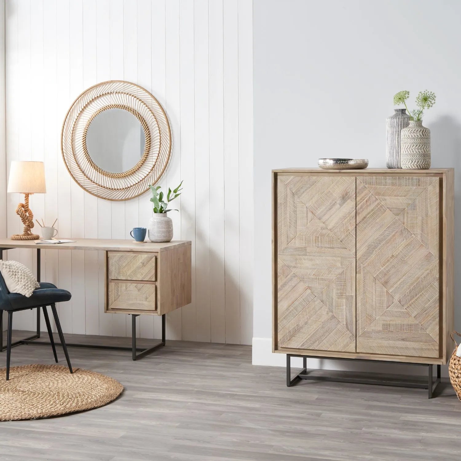 Modern Scandi Sand-Wash Acacia Wood Bar Cabinet With Black Metal Legs – Tall 2-Door Drinks Cabinet With Wine Rack And Internal Shelves 128x100x45cm | Click Style