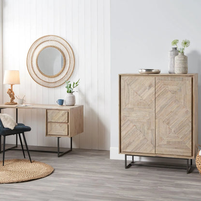 Modern Scandi Sand-Wash Acacia Wood Bar Cabinet With Black Metal Legs – Tall 2-Door Drinks Cabinet With Wine Rack And Internal Shelves 128x100x45cm | Click Style