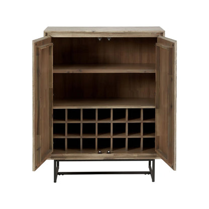 Modern Scandi Sand-Wash Acacia Wood Bar Cabinet With Black Metal Legs – Tall 2-Door Drinks Cabinet With Wine Rack And Internal Shelves 128x100x45cm | Click Style