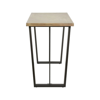 Modern Scandi Sand-Wash Acacia Wood Bar Table With Black Metal Legs – Textured Wooden Breakfast Bar And Tall Dining Table 107x120x75cm Alt | Click Style